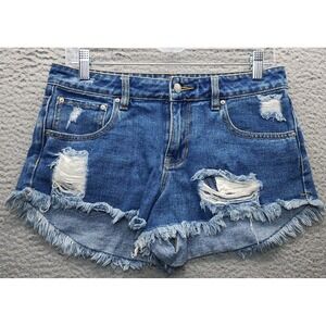 P.S. Erin Wasson Shorts Womens 27 Navy Denim Distressed Frayed Hem Tribal Pocket